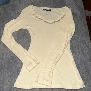 M Self esteem long sleeve shirt with design around the v shaped neck line